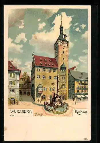 Lithographie Würzburg, Rathaus mit dem Brunnen
