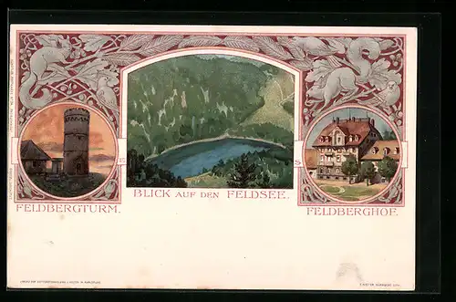 Lithographie Feldberg, Feldbergturm, Hotel Feldbergerhof, Blick auf dem Feldsee