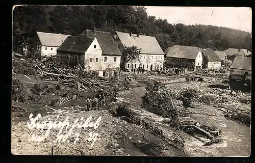 AK Berggiesshübel, Ortsansicht nach Unwetter, Juli 1927