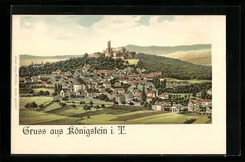 Lithographie Königstein i. T., Ortsansicht mit Burg und Kirche