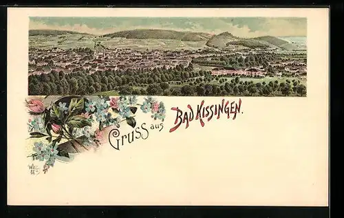 Lithographie Bad Kissingen, Totalansicht aus der Vogelschau
