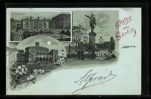 Lithographie Görlitz, Kaisertrutz, Postplatz, Prinz Friedrich Carl-Denkmal