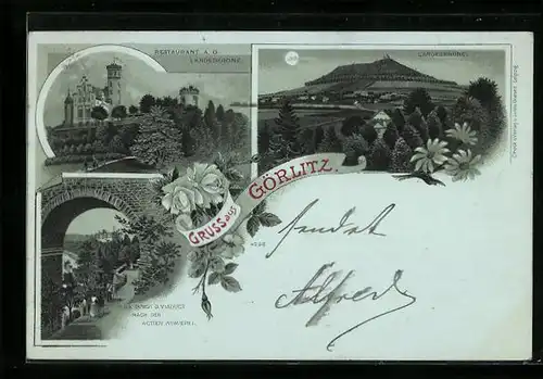 Mondschein-Lithographie Görlitz, Restaurant a. d. Landeskrone, Blick durch d. Viaduct nach d. Actien Brauerei