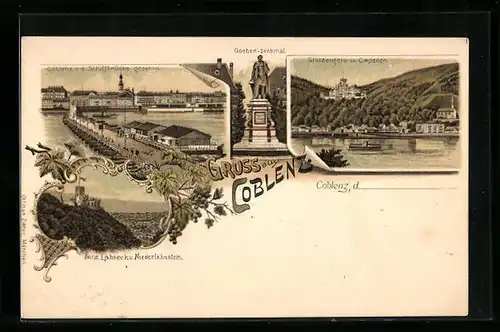 Lithographie Coblenz, Goeben-Denkmal, Stolzenfels und Capellen