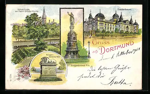 Lithographie Dortmund, Fredenbaum, Vehmlinde mit Petri-Nicolai-Kirche, Krieger-Denkmal 1866