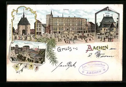 Lithographie Aachen, Rathaus mit Brunnen und Passanten, Marschiertor, Elisenbrunnen