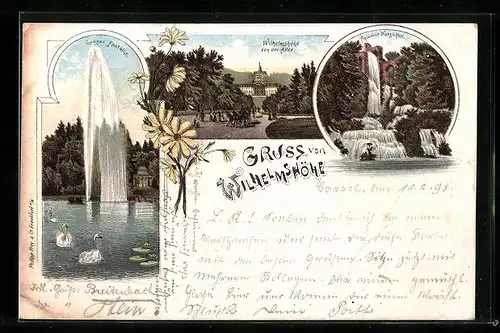 Lithographie Wilhelmshöhe, Grosse Fontaine, Wasserfall