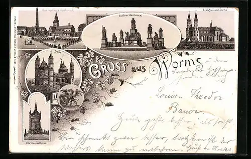 Vorläufer-Lithographie Worms, Lutherdenkmal, Liebfrauenkirche, Dom 1895