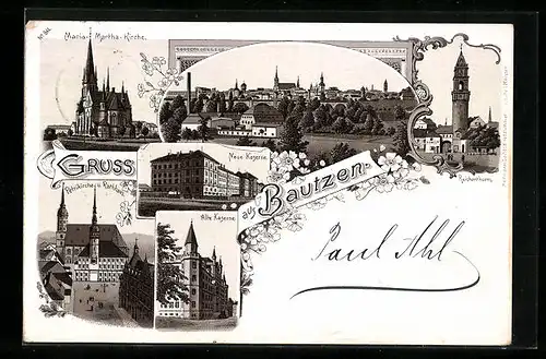 Lithographie Bautzen, Ortsansicht, Neue Kaserne, Maria-Martha-Kirche, Reichenturm