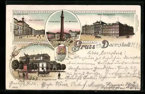 Lithographie Darmstadt, Louisenplatz, Neues Polytechnikum, Theater, Kriegsdenkmal