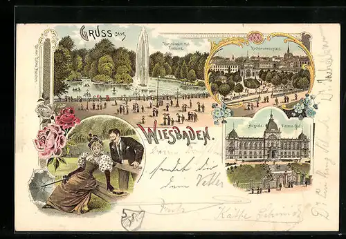 Lithographie Wiesbaden, Kursaalweier mit Fontaine, Kochbrunnenplatz, Augusta-Viktoria-Bad