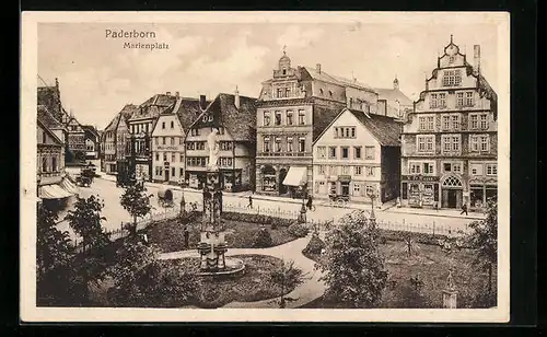 AK Paderborn, Marienplatz mit Geschäften und Denkmal