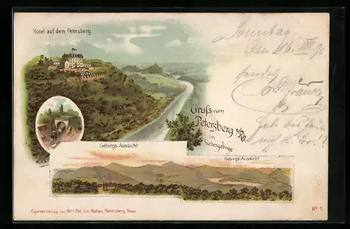 Lithographie Petersberg / Siebengebirge, Gebirgspanorama und, Gesamtansicht vom Hotel auf dem Petersberg
