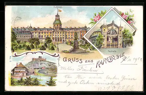 Lithographie Karlsruhe, Schloss, Festhalle, Ortspartie