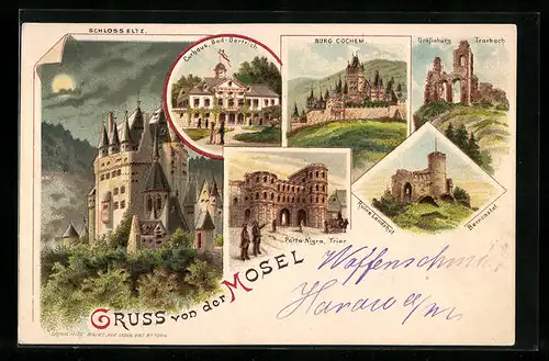 Lithographie Trier /Mosel, Porta Nigra, Schloss Eltz, Burg Cochem