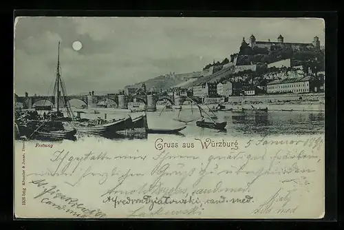 AK Würzburg, Teilansicht mit Flusspartie und Brücke