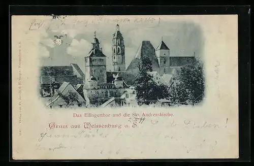 Mondschein-AK Weissenburg a. S., Das Ellingertor und die Skt. Andreaskirche