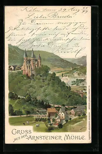 Lithographie Arnstein, Gasthaus Arnsteiner Mühle mit Kloster