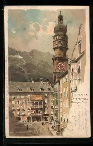 Künstler-AK Innsbruck, Stadtthurm und Gasthaus Goldenes Dachl