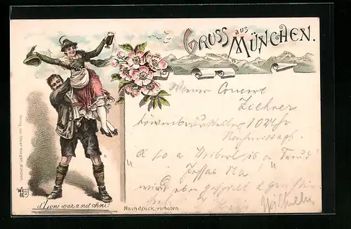 Lithographie München, Paar in Tracht beim Tanz, Bergpanorama