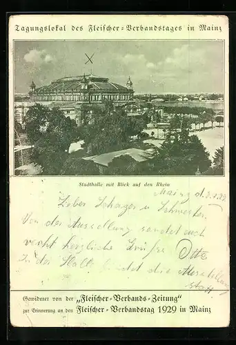 AK Mainz, Stadthalle mit Blick auf den Rhein, Zur Erinnerung an den Fleischer-Verbandstag 1929