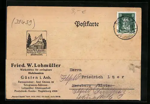 AK Güsten i. Anh., Fried. W. Lohmüller, Wekstätten für zerlegbare Holzbauten, Korrespondenzkarte
