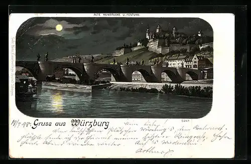 Lithographie Würzburg, Alte Mainbrücke und Festung