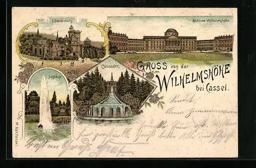 Lithographie Kassel-Wilhelmshöhe, Schloss Wilhelmshöhe, Löwenburg, Cascaden