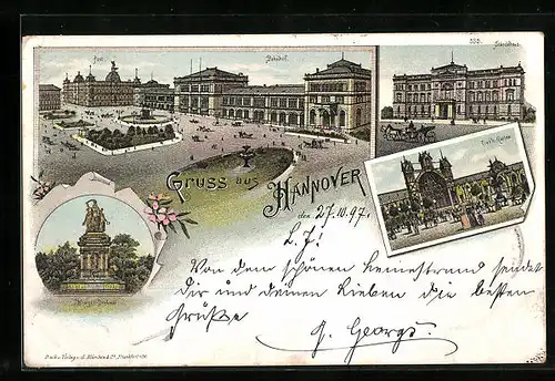 Lithographie Hannover, Bahnhof und Umgebung, Tivoli-Garten, Ständehaus