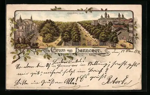 Lithographie Hannover, Herrnhauser Allee mit Umgebung aus der Vogelschau