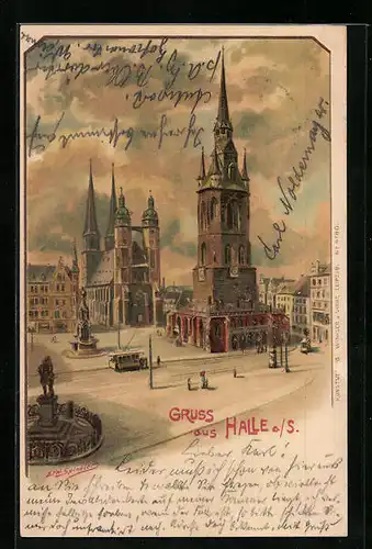 Lithographie Halle /Saale, Marktplatz mit Rotem Turm