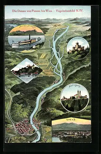 Künstler-AK Eugen Felle: Linz, Lauf der Donau von Linz bis Eferding
