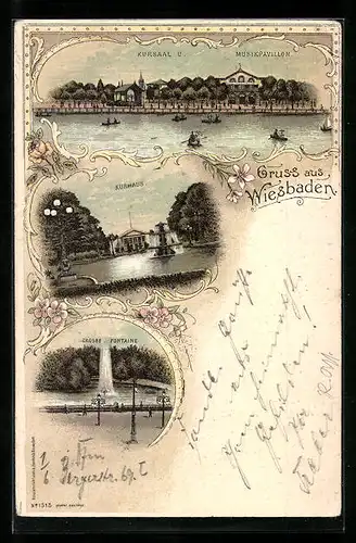 Lithographie Wiesbaden, Kurhaus, Kursaal und Musikpavillon, Grosse Fontaine