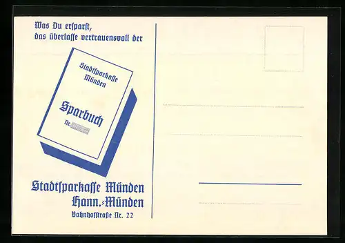 AK Münden, Sparbuch der Stadtsparkasse, Bahnhofstrasse 22