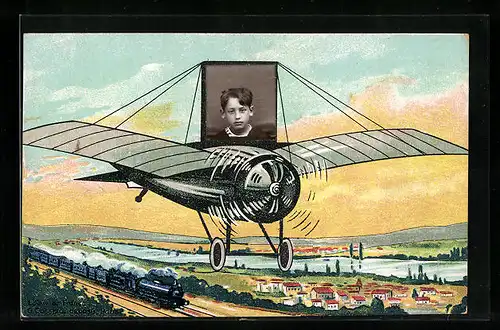 Foto-Collage-AK Kinderportrait mit gemaltem Flugzeug