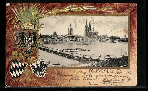 Passepartout-Lithographie Köln, Totalansicht, Wappen mit Lorbeer- und Eichenlaub
