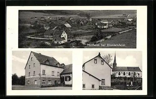 AK Mülheim bei Blankenheim, Gasthaus zum Bahnhof, Kirche