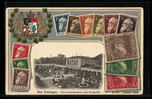 AK Bad Kissingen, Konversationshaus und Kurgarten, bayrische Briefmarken