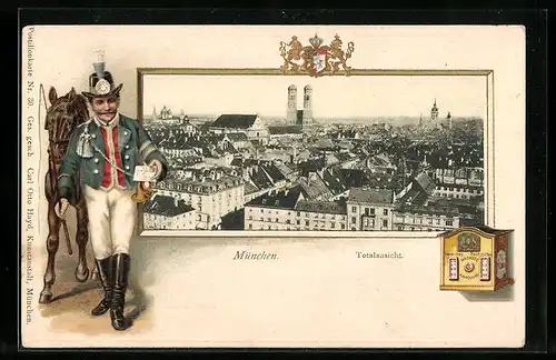 Passepartout-Lithographie München, Blick über die Dächer, Postillon, Briefkasten, Wappen
