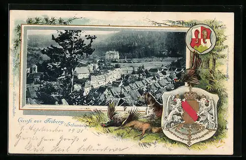 Passepartout-Lithographie Triberg, Teilansicht aus der Vogelschau, Wappen Hund, Vögel und ein Hase