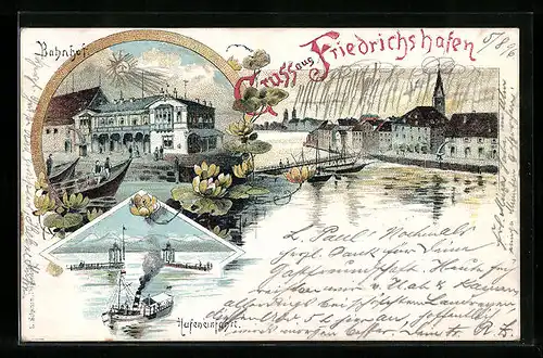 Lithographie Friedrichshafen, Bahnhhof, Hafeneinfahrt, Uferpartie