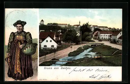 AK Dachau, Strassenpartie mit Brücke, Herbe Schönheit in Tracht