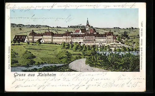 Goldfenster-AK Kaisheim, Kloster mit leuchtenden Fenstern