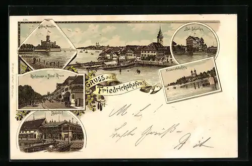 Lithographie Friedrichshafen a. B., Schloss Montfort, Bahnhof, Karlstrasse und Hotel Krone