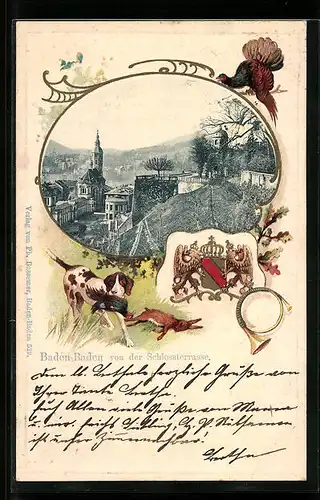 Passepartout-Lithographie Baden-Baden, Teilansicht von der Schlossterrasse