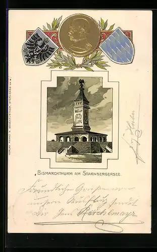 Passepartout-Lithographie Starnbergersee, Bismarckthurm und Wappen