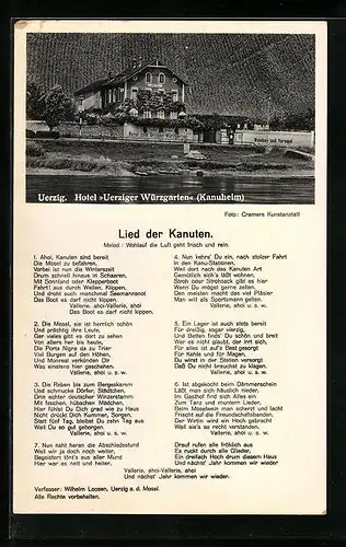 AK Uerzig, Hotel Uerziger Würzgarten (Kanuheim), Lied der Kanuten