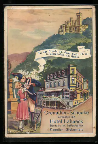 Künstler-AK Stolzenfels am Rhein, Grenadier-Schenke, Burg