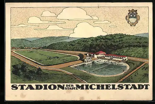 Künstler-AK Michelstadt, Stadion mit Schwimmbad, Wappen