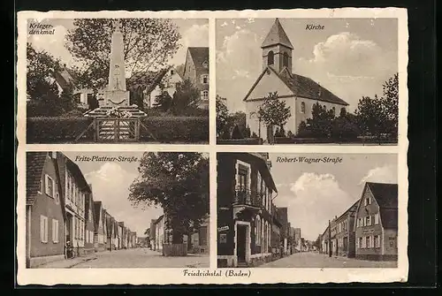 AK Friedrichstal /Baden, Kirche, Kriegerdenkmal, Fritz-Plattner-Strasse, Robert-Wagner-Strasse